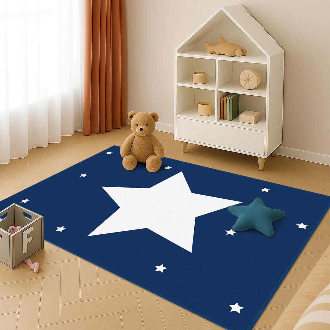 Space Themed Star Kids Rug, Kids Room Rug, Educational Play Mat, Galaxy ...