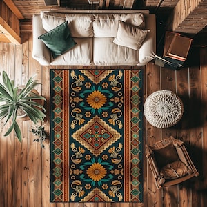 May include: An overhead shot of a living room with a patterned rug. The rug is dark teal with orange, yellow, and turquoise geometric designs. A white sofa with green and white pillows sits above the rug. Wooden floors and a chair complete the scene.