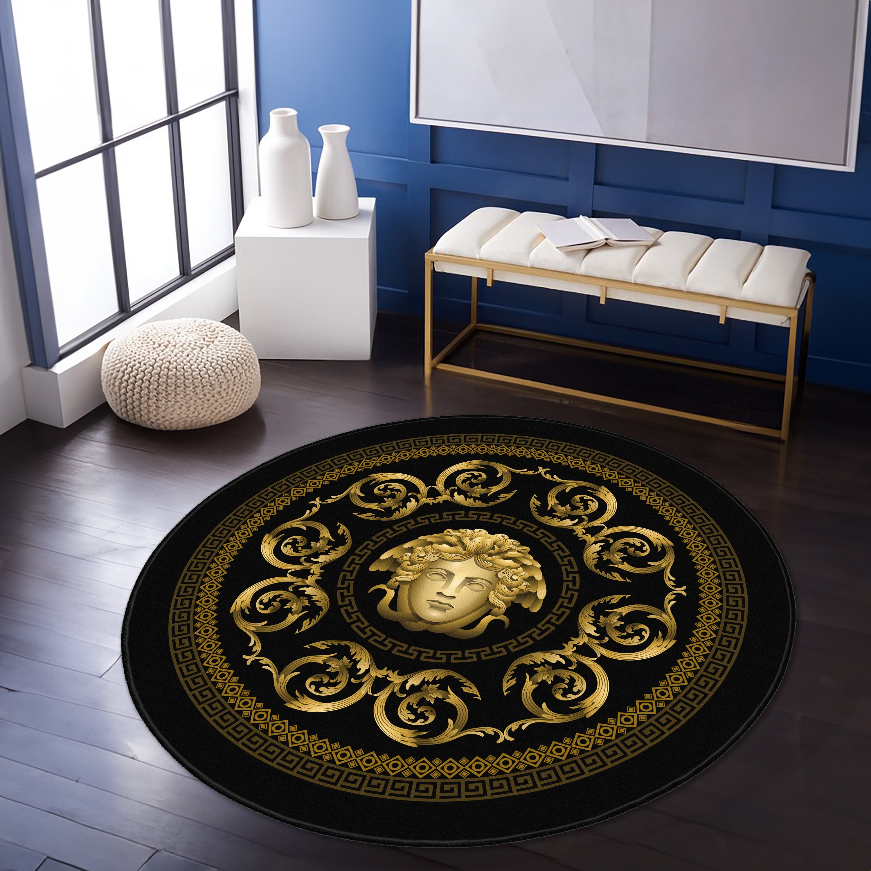 Medusa Black Carpet, Gold Rug, Mythical Motif Rugs, Gold Bordered ...