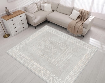 Gray Scandinavian Rug, Distressed Rug, Border Rug, Beige Living Room Rug, Gray HomeDecor, Gray Framed Area Rug, Beige Area Rug, Abstract Rug