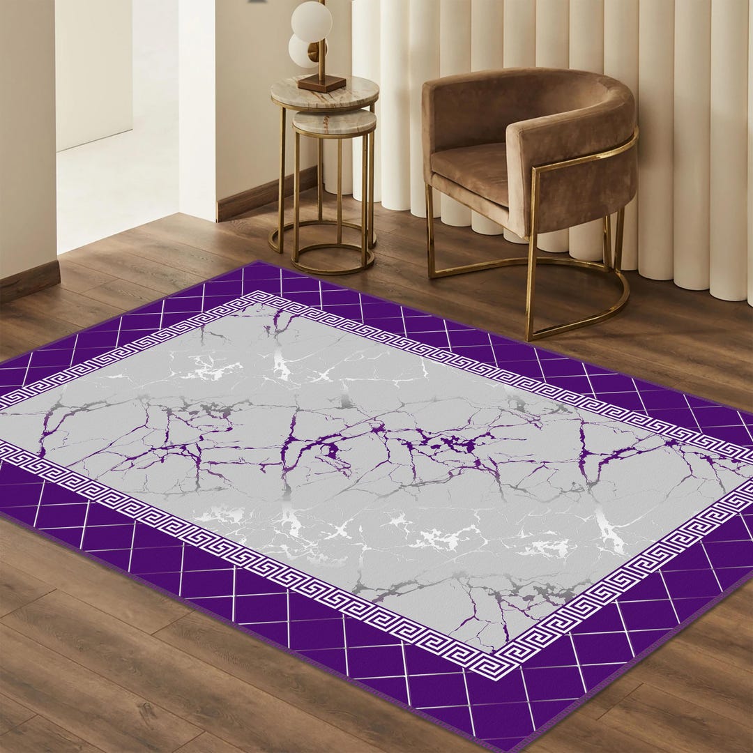 Marble Pattern Area Rugs Gray Marble Rug, Elegant Marble Pattern Rug, Purple Greek Key Border ...