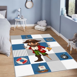 Piraten-Kinderteppich, Piraten-Thementeppich, Piraten-Kinderteppich, Piraten-Abenteuerteppich, personalisierter Piraten-Kinderzimmerteppich, Marina Playmat, Blauer Babyteppich