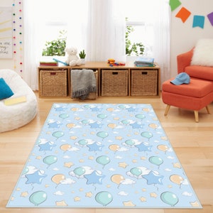 Starry Kids Rug, Blue Kids Room Rug, Cute Cloudy Kids Rugs, Cute Kindergarten Rug, Blue Playroom Mat, Blue Baby Room Rugs, Soft Baby Teppich