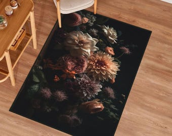 Elegant Dark Floral Rug, Dahlia Rose Flower Design Carpet, Luxurious Home Decor, Vintage Inspired Rug, Floral Area Rug, Artistic Floor Mat