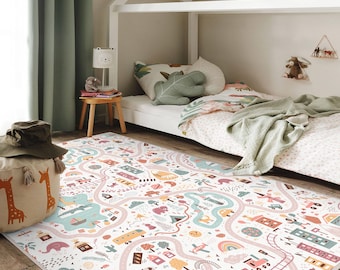 Stadsvloerkleed, kinderspeeltuintapijt, zacht kindertapijt, kinderspeelkleed met wegpatroon, kleurrijk stadswegenkaart speelkleed, metropolis speelkamermat
