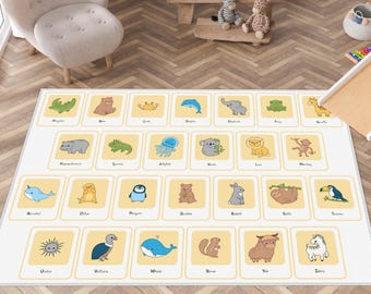 May include: A rectangular children's rug featuring a yellow grid with animal illustrations and names. Animals include an alligator, bear, crab, dolphin, elephant, frog, giraffe, hippo, iguana, jellyfish, koala, lion, monkey, narwhal, otter, penguin, quokka, rabbit, sloth, toucan, urchin, vulture, whale, yak, and zebra.