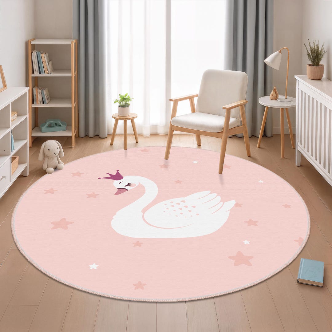 White Swan Pattern Girl's Room Carpet, Pink Swan Rug, Swan Kids Carpet ...