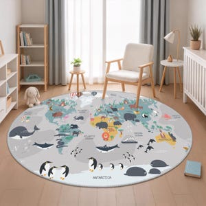 Graue Runde Kinder Teppiche, Weltkarte Spielmatte, Kinderzimmer Teppich, Tiere Welt Kinderteppich, Blauer Kinderteppich, Aktivitätsteppich, Krabbeldecke, Weicher Babyteppich, Geschenk