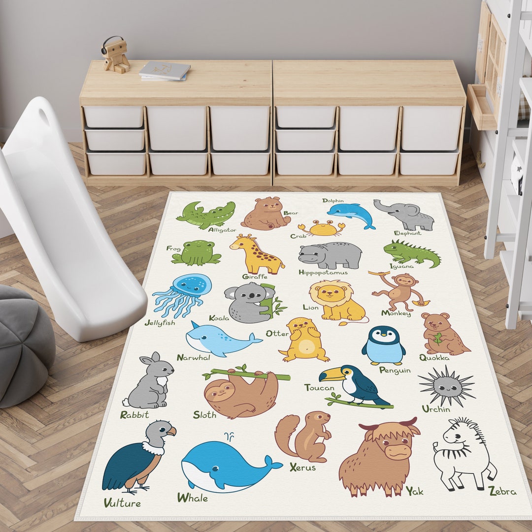 Animal Rug Classroom Zoo Animals Rectangle Kids Rug, Toddler Mat, Abc Animal Playroom Mat ...