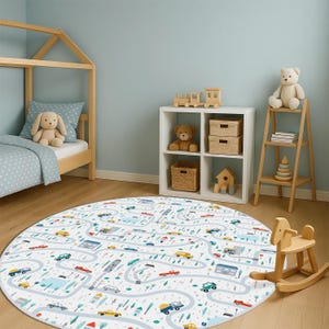 Rond vloerkleed voor de kinderkamer met kleurrijk wegenkaartontwerp, zachte antislipmat voor peuterkamer, autobaantapijt voor jongens en meisjes, wegspeelkleed