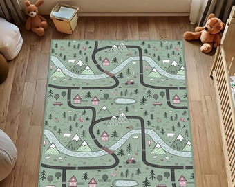 Road Patterned Kids Carpet, City Road Rug, Nursery Rug, Kids Area Rug, Washable Non Slip Kids Rug, Montessori Playroom Mat, Animals Kids Rug