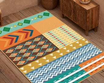 Patchwork Motif Rug, Eclectic Style Rug, Vintage Style Patchwork Rug, Multicolor Geometric Patterned Area Rug, Orange Tribal Pattern Carpet