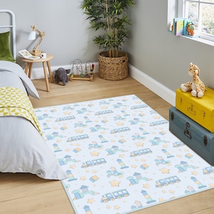 Starry Kids Carpet,Kids Room Rug,Cute Train Patterned Kids Rug,Cute Kindergarten Rug,Blue Playroom Mat,Baby Room Carpet,Soft Baby Teppich