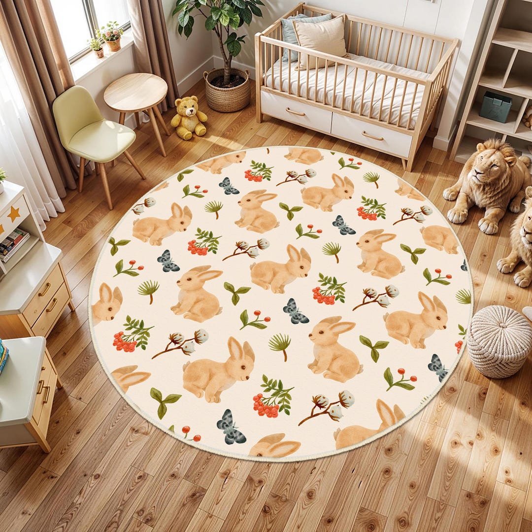 Cute Bunny Desing Kids Room Rug, Floral Rabbit Patterned Kids Carpet ...