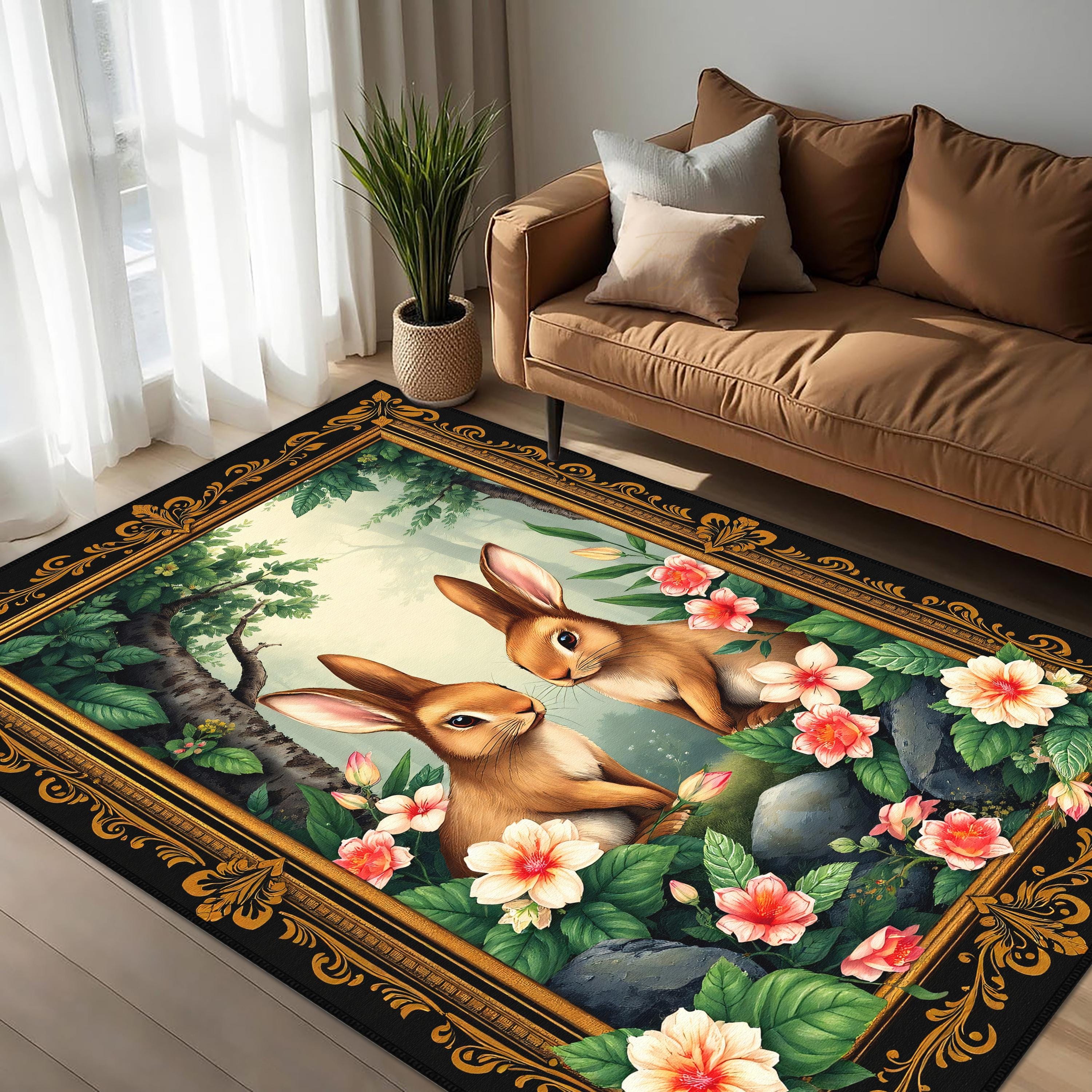 Rabbit Rectangle Rabbit Rug, Rabbit Rectangle Rug, Bunny Rug, Flowers Rabbit Carpet ...