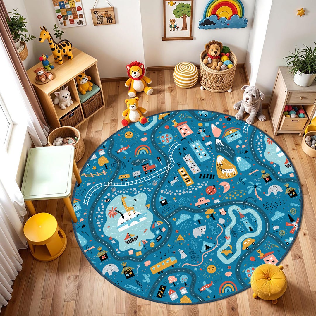 City Road Kids Playroom Mat, Car Road Desing Nursery Rug, Traffic Car ...