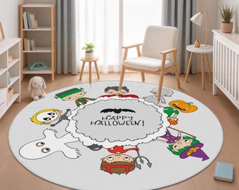 Round Halloween Kids Rug, Cute Cartoon Characters Happy Halloween Print Kids Carpet  Fun Halloween Circle Carpet
