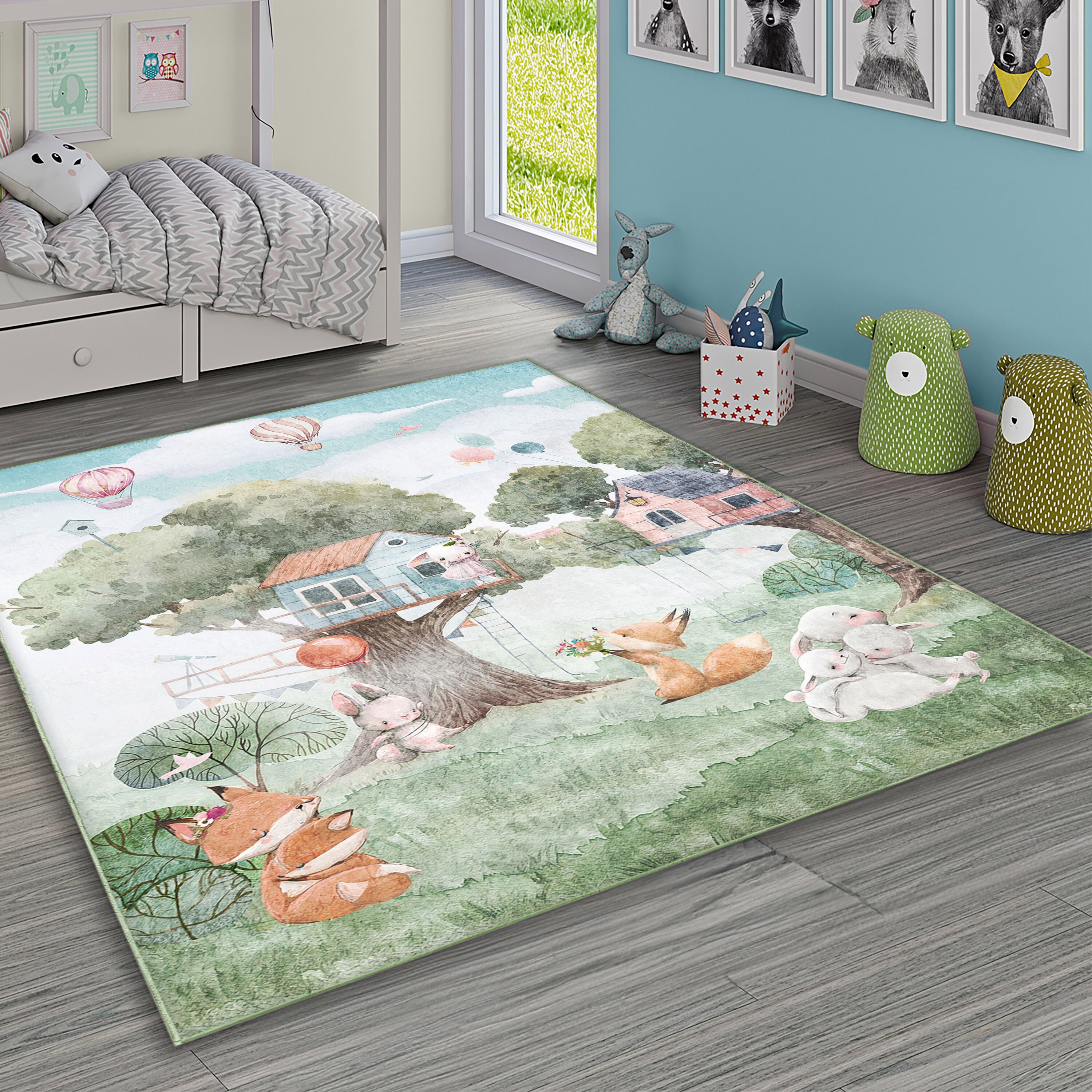 Kids Rugs Rabbit Cute Rabbit Kids Carpets, Fox Kids Room Play Mat, Animal World Kids ...