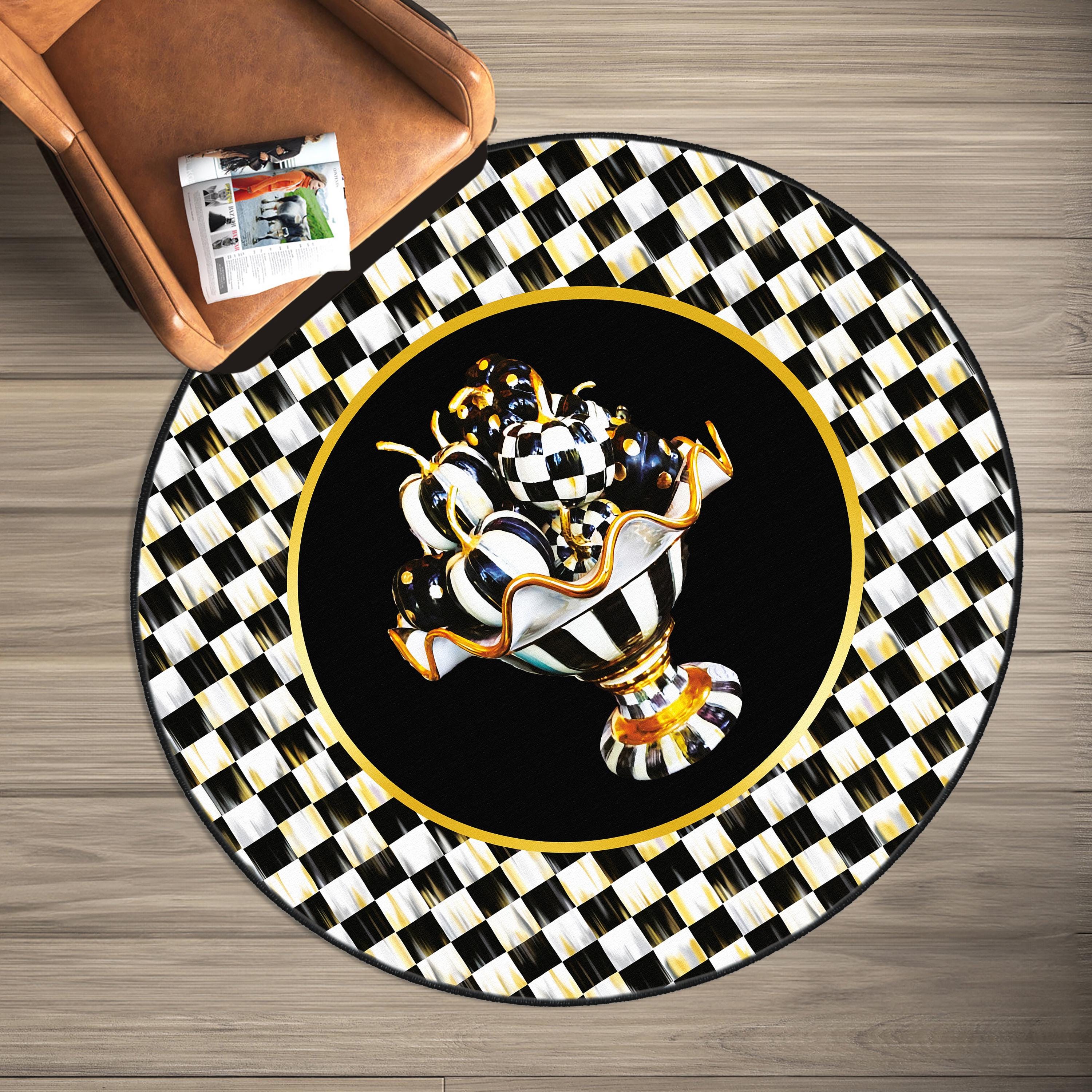 Checkered Rug, Black Border on Check Pattern Area Rug, Black and White ...