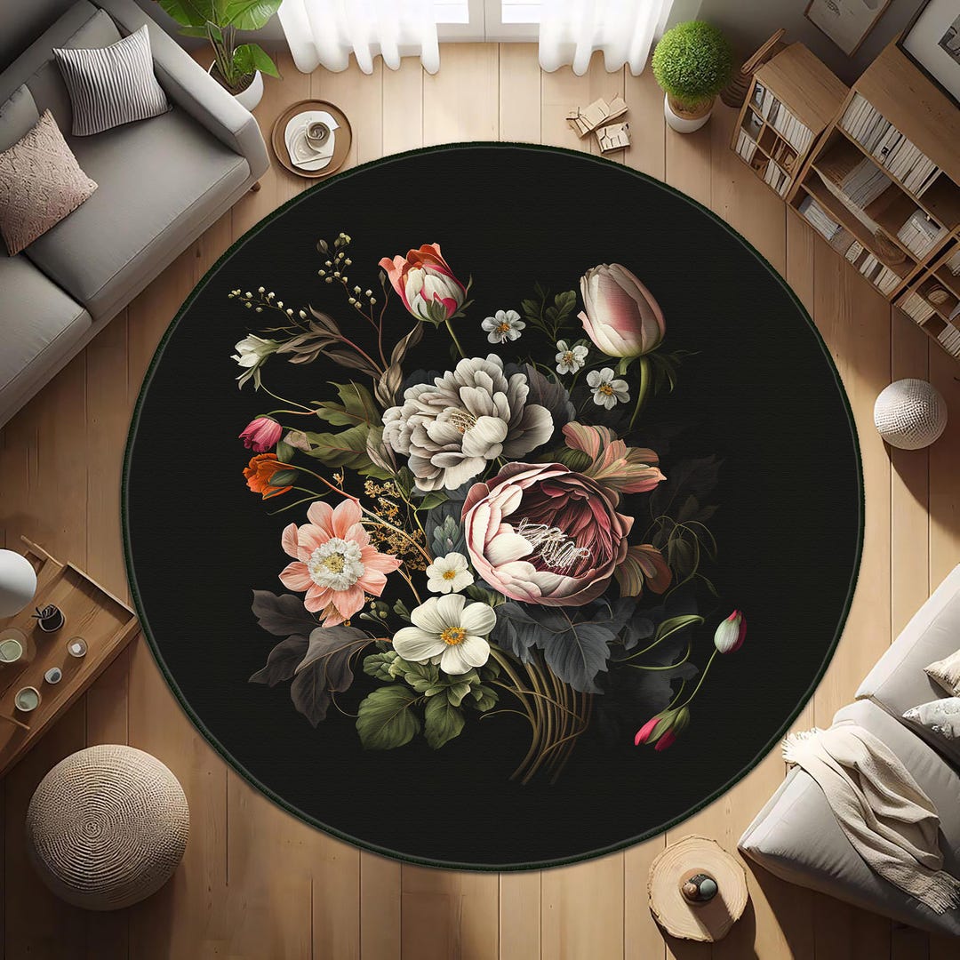 Black Rug, Floral Rugs, Rose Pattern Rug, Leafy Carpet, Floral Living ...