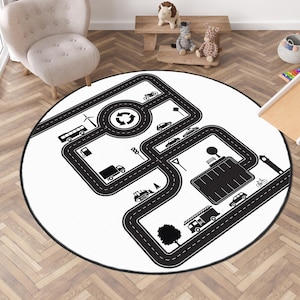 Leuk en creatief zwart-wit tapijt met wegenkaart voor kinderkamer, speelkamermat, auto's, vrachtwagens leuk rond kindertapijt, Cityu Road Play-kindertapijten