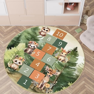 Waldtiere Hopscotch Teppich, runder Waldkinderteppich, Waldkindergarten Teppich, Hopscotch Kinderspielzimmer Teppich, Wilder Natur-Hirsch Hopscotch-Kinderzimmerteppich