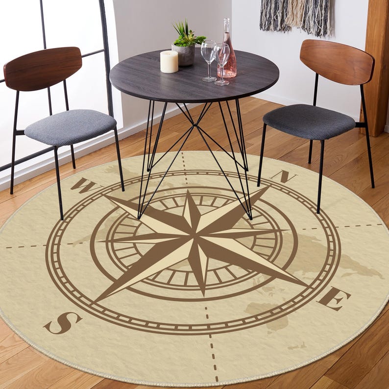 Compass Themed Carpet, World Map Carpets, Round Compass Rug, Vintage ...