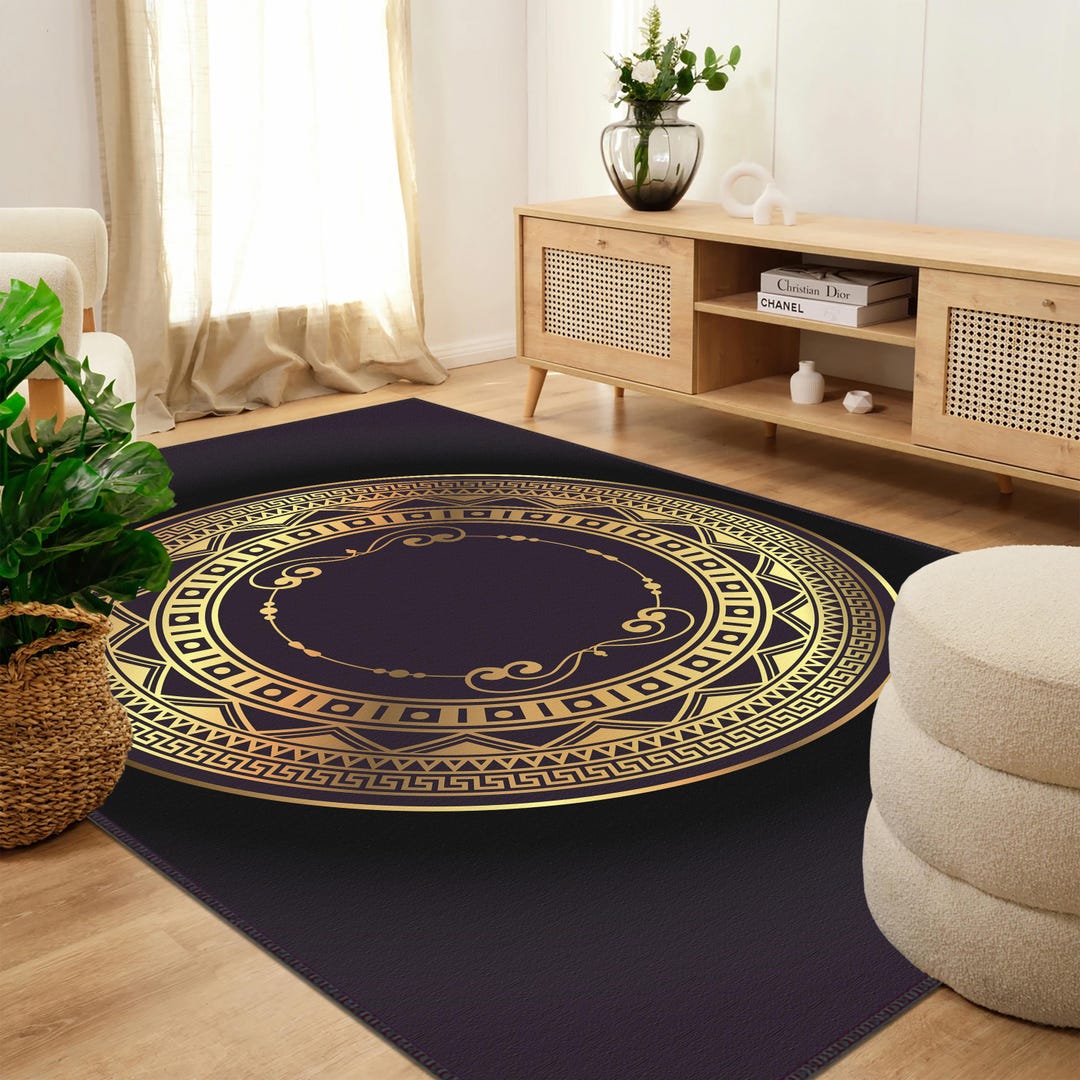 Deep Gold Throw Rug Gold Living Room Rug, Dark Purple Background Rug, Geometric Pattern ...