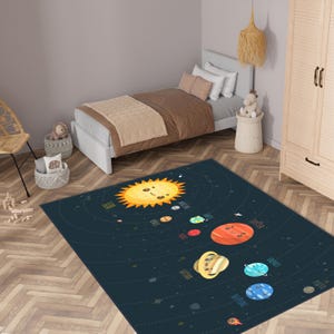Navy Blue Backed Sun and Planets Patterned Kids Rug, Sun Planets Themed Kids Rug for Little Astronaut, Solar System Educational Kids Rug