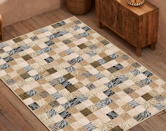 Brown Living Room Area Rug, Abstract Checkered Rug, Neutral Beige Black Geometric Pattern Carpet