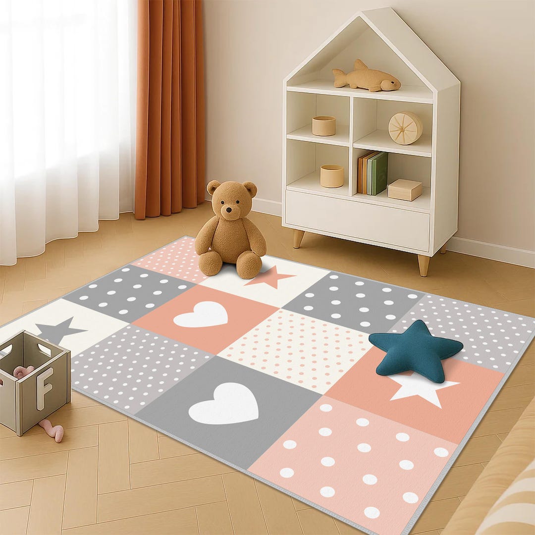 Baby Rooom Rugs Cute Pastel Nursery Rug, With Hearts Stars and Polka Dots Design Kids ...