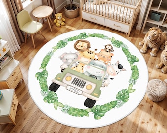 Safari Animal Rug, Kids Room Carpet, Safari Jungle Kids Rug, Safari Lion Desing Rug, Safari Nursery Rug Kids Round Mat, Safari Toddler Rugs