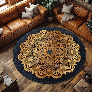 Gold Mandala Rug, Bohemian Style Geometric Pattern Carpet, Meditation Space Rug, Gold Mandala Carpet, Gold Floral Round Carpets, Gold Carpet