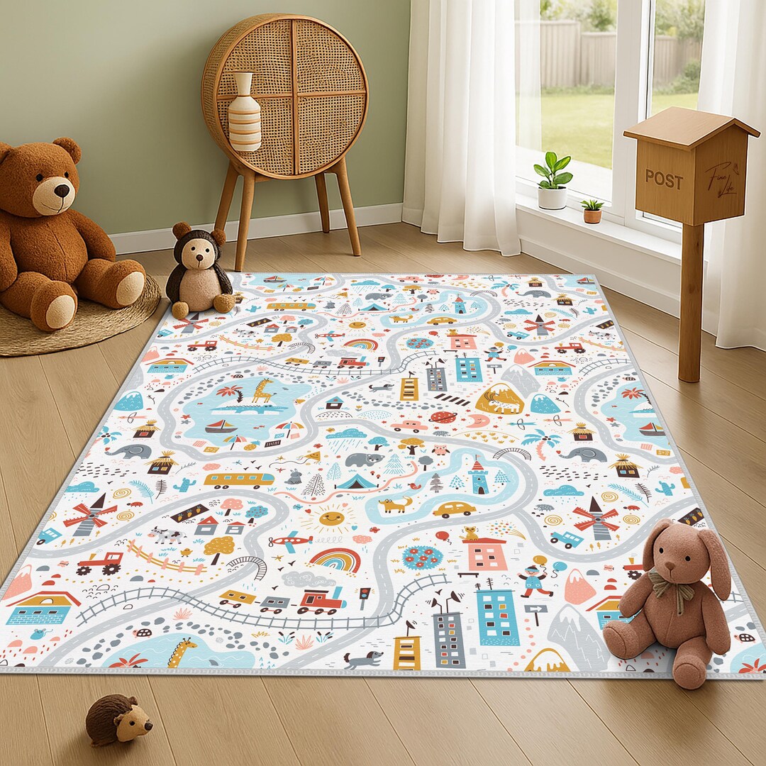 City Kids Rug, Road Playground Carpet, Soft Nursery Kids Rug, Road ...