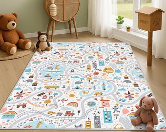 City Kids Rug, Road Playground Carpet, Soft Nursery Kids Rug, Road Patterned Kids Rug, Farm Kids Rug, Nursery Rug, Educational Fun Floor Mat