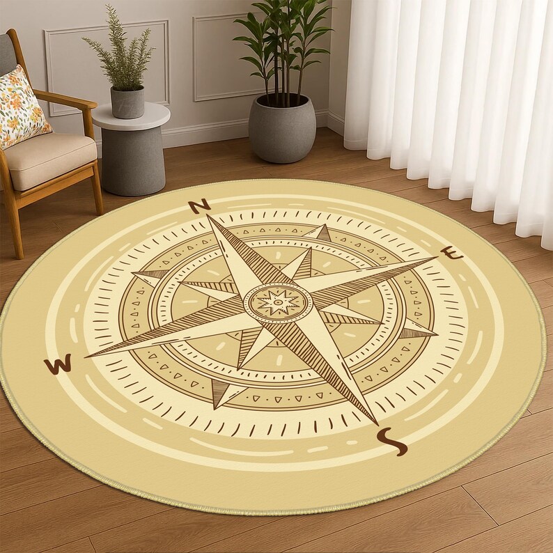 Compass Themed Carpets, Compass Rug, Compass Round Area Rug, Vintage ...