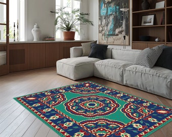 Green Rug, Floral Carpet, Rose Pattern Rug, Leafy Carpet, Living Room Carpet, Non-Slip Carpet, Spring Flowers Carpets, Tropical Carpet, Gift