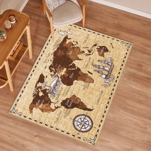 Alfombra educativa con mapa del mundo, alfombra con mapa del mundo, alfombra con mapa del mundo antiguo, alfombra con mapa del mundo vintage, alfombra decorativa con temática náutica