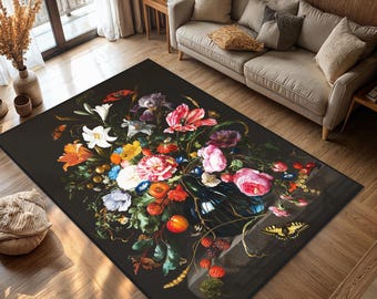 Elegant Floral Bouquet Rug with Vivid Colors, Vintage Botanical Art Design for Living Room Carpet, Large Tropical Area Rug, Flower Black Rug