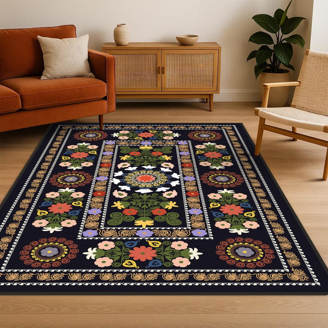 Flower Pattern Rug Design Flowers Pattern Rug, Floral Design Rug, Vintage Style Carpet, Black ...