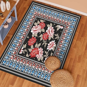 Flowers Pattern Rug, Floral Desing Runner, Flower Area Carpet, Beautiful Floral Design Living Room Rug, Black Background Carpet, Floral Rug