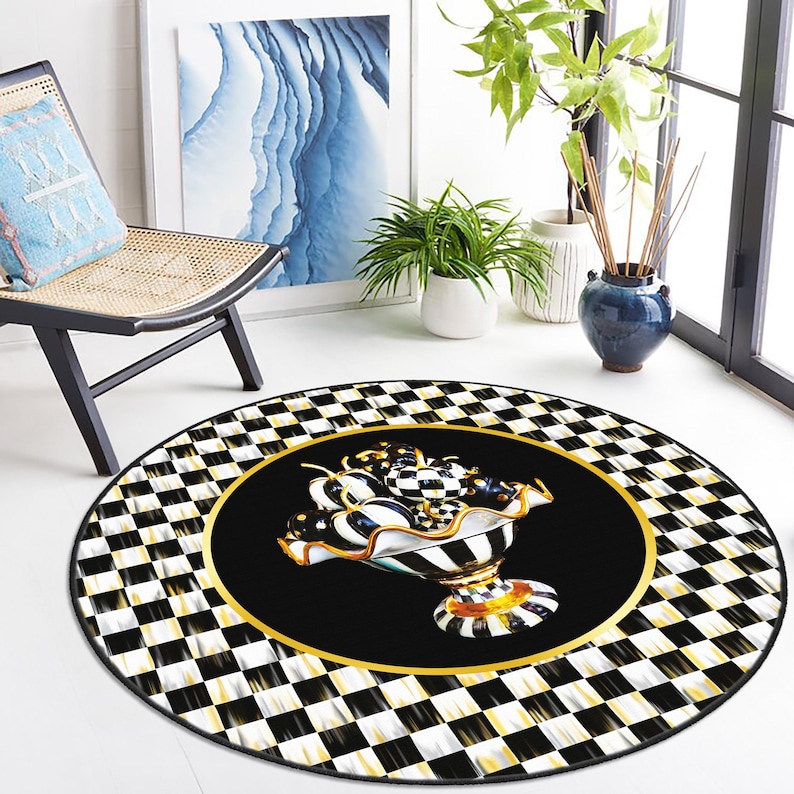 Checkered Rug, Black Border on Check Pattern Area Rug, Black and White ...