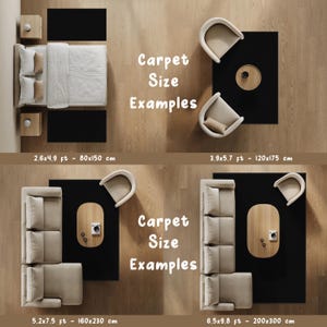 May include: An overhead view of four different room layouts with black carpets. The image includes text that reads "Carpet Size Examples" and measurements in feet and centimeters. The layouts include a bedroom, a seating area with chairs, and two living room setups.