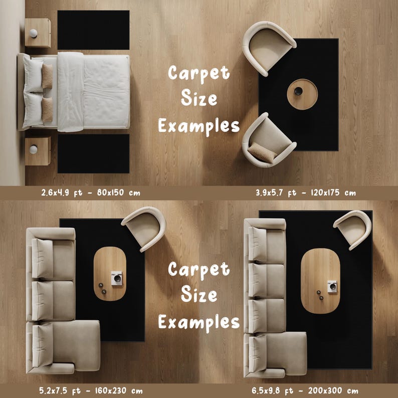 May include: An overhead view of four different room layouts with black carpets. The image includes text that reads "Carpet Size Examples" and measurements in feet and centimeters. The layouts include a bedroom, a seating area with chairs, and two living room setups.
