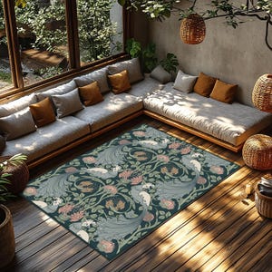 Flowers Garden Rug, Vintage Floral William Morris Inspired Rug,Elegant Green and Pink Floral Design with Birds, Perfect for Living Room Rug