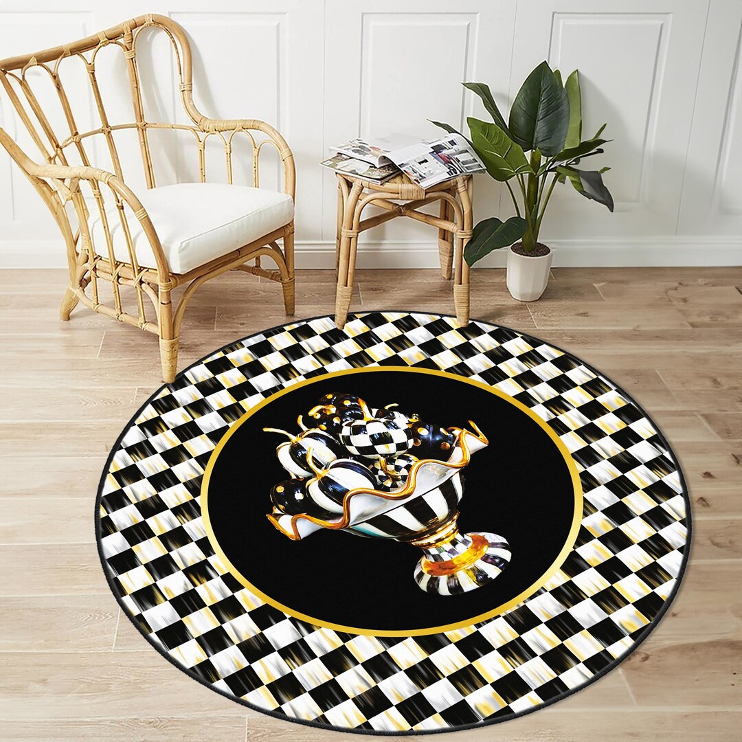 Checkered Rug, Black Border on Check Pattern Area Rug, Black and White ...