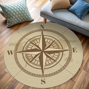 Tapis sur le thème boussole, cartes du monde, tapis boussole rond, tapis boussole vintage, tapis design boussole nautique rond, tapis carte du monde boussole