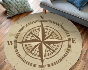 Compass Themed Carpet, World Map Carpets, Round Compass Rug, Vintage Compass Rug, Round Nautical Compass Design Rug, Compass World Map Rug