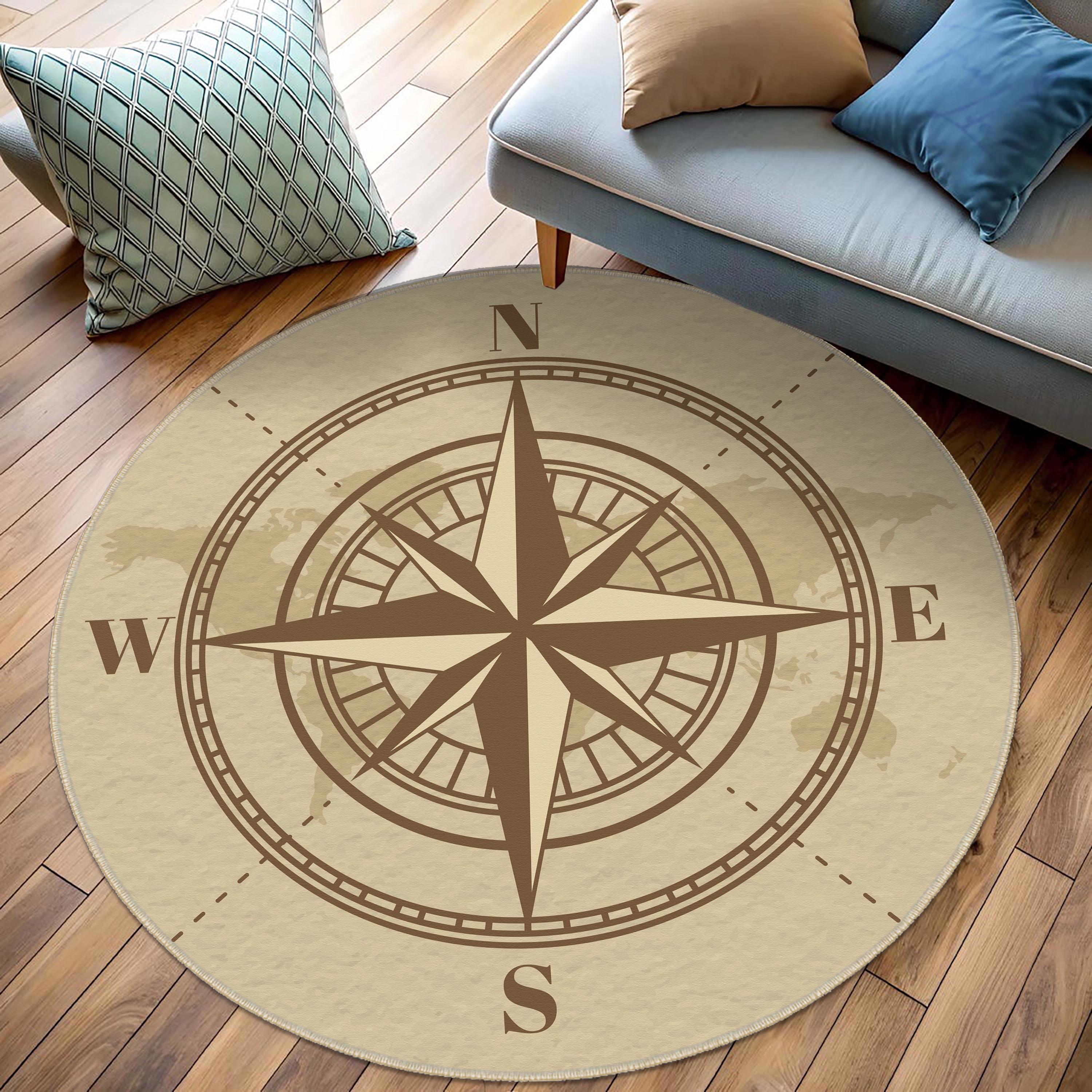 Compass Themed Carpet, World Map Carpets, Round Compass Rug, Vintage ...