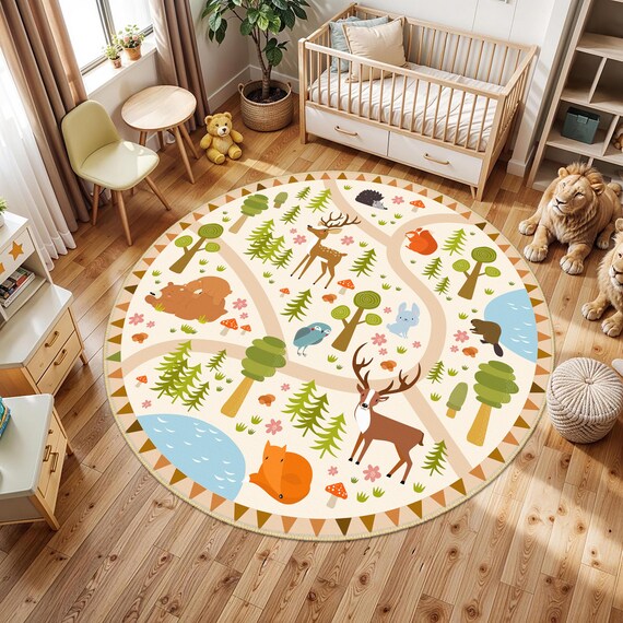 Animals Royalty Kids Room Rug, Round Woodland Kids Rug, Hedgehog